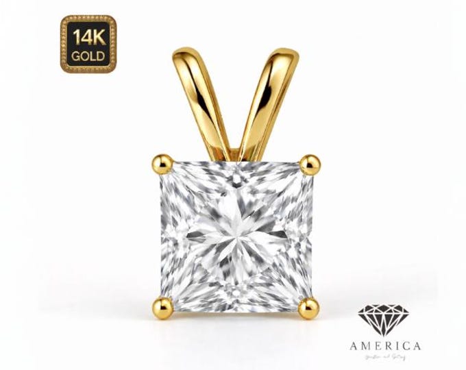 Natural Gemstone 14K Real Gold Natural Gemstone Princess Cut Square Shape  with 4 Prong Basket Pendant only.