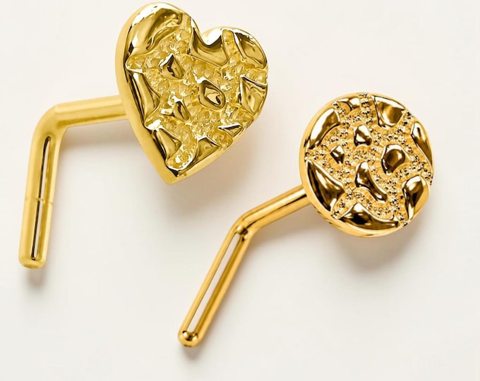 Large 5mm 14K Gold Nose Piercing , Real Gold 14K , L shaped 20 GAUGE Heart shape , Nostril Piercing sold 1 piece.