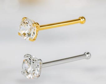 Moissanite Diamond 925 Sterling Silver Bone End shaped Nose Stud 20 GA, 1.50mm 2mm 2.50mm 3.00mm