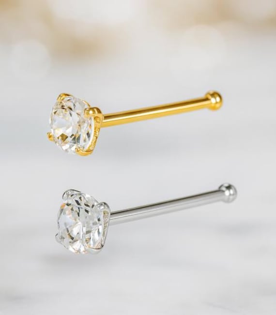 Moissanite Diamond 925 Sterling Silver Bone End shaped Nose Stud 24 GA, 1.50mm 2mm 2.50mm 3.00mm