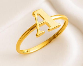 14K Gold Small dainty letter initial with CZ  Fashion Ring Plain Letter A - Z available size 7.