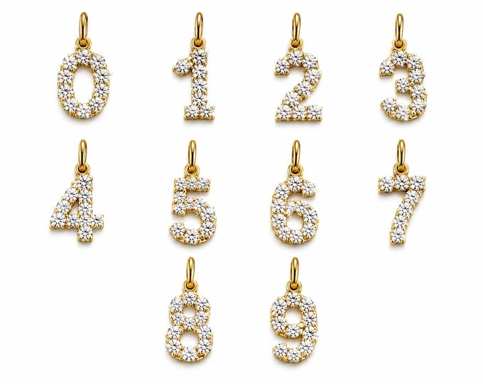 14K Gold pendant number small size 0- 9 comes with cubic zirconia small bail.
