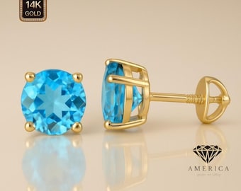 14K Solid Gold Natural Blue Topaz Earrings Heavier Basket earrings stud Real 14K Gold sold 1 Pair Screw backing Round Shape gemstone.