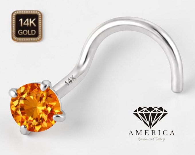 Natural Citrine 14K Solid Gold Nose Stud 20 GA Piercing , Real Gold 14K , 20 GAUGE 6mm post length, Natural Citrine