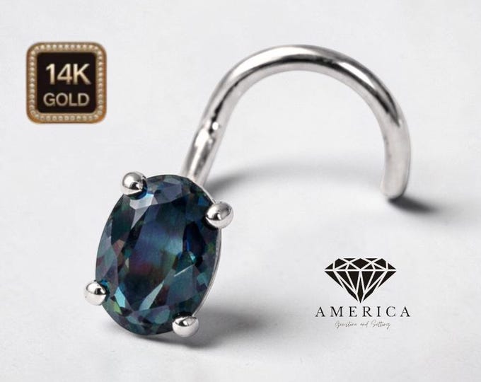 Natural London Blue Topaz 3x4mm Oval  Shape 14K Gold Nose Stud  18 GA 20 GA 22 GA  Piercing , Real Gold 14K , sold 1 piece