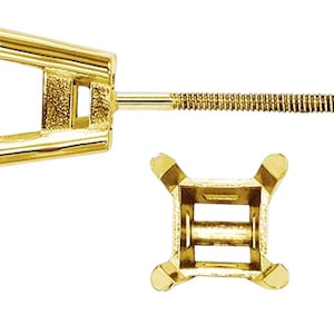 14K Real Solid Gold Princess Cut 4 Prong Heavy Basket & Threaded Post 20 GA Round Earring Setting sold 1 piece.