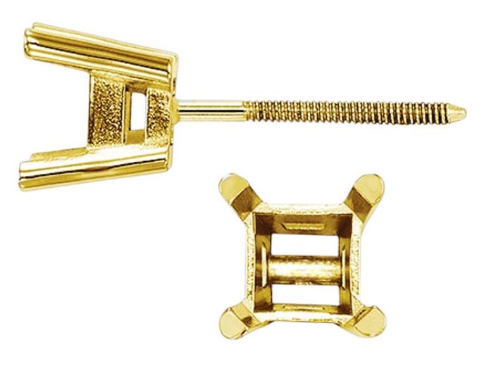 14K Real Solid Gold Princess Cut 4 Prong Heavy Basket & Threaded Post 20 GA Round Earring Setting sold 1 piece.