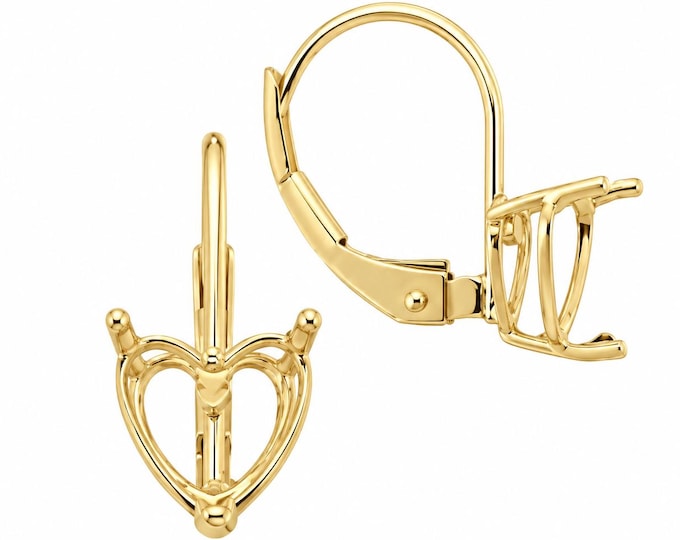14K Gold Lever Back Earring 1 set of Earrings 3 Prongs Heart Shape gemstone mountings Real Gold not plated