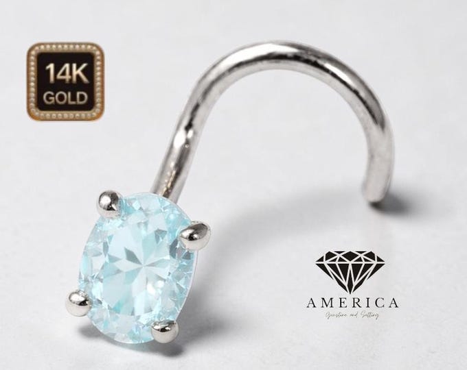 Natural Aquamarine 3x4mm Oval  Shape 14K Gold Nose Stud  18 GA 20 GA 22 GA  Piercing , Real Gold 14K , sold 1 piece