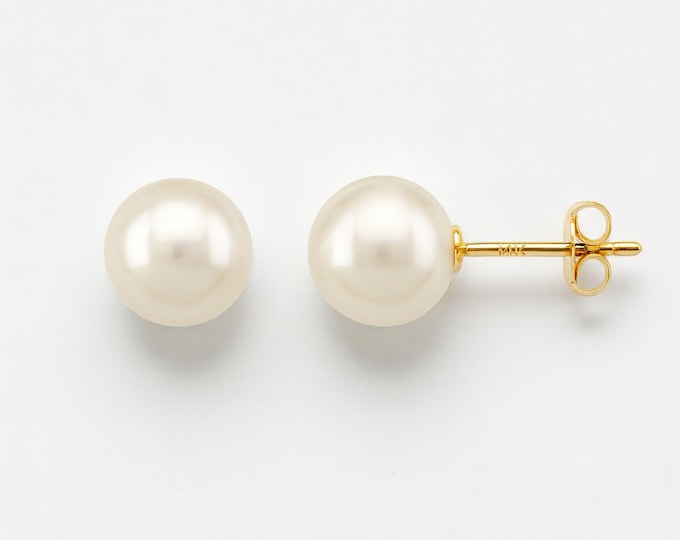 14K Solid Real Gold White Pearl Push Back Earrings  Available in Size 4 mm - 10 mm.