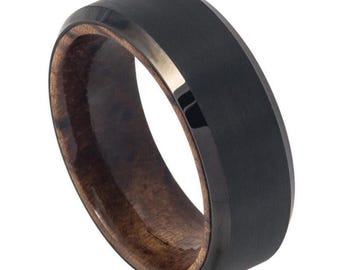Tungsten Ring Black IP Plated Brushed Finish Beveled Edge with African Sapele Mahogany Wood Sleeve/Inner Ring – 8mm