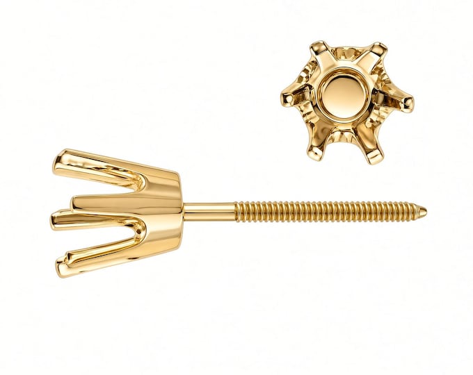 14K Real Solid Gold 6 Prong Heavy Basket & Threaded Post 20 GA Round Earring  Screw Backing Setting sold 1 piece.