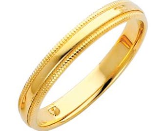 14K Gold 3mm Milgrain Comfort Wedding Band For Men's and Women's Plain Milgrain Band 3mm