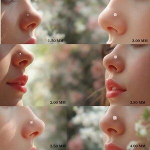 May include: Close-up of a person's face with a nose piercing. The image shows nose studs in various sizes: 1.50 mm, 2.00 mm, 2.50 mm, 3.00 mm, 3.50 mm, and 4.00 mm. The background is blurred with soft colors.