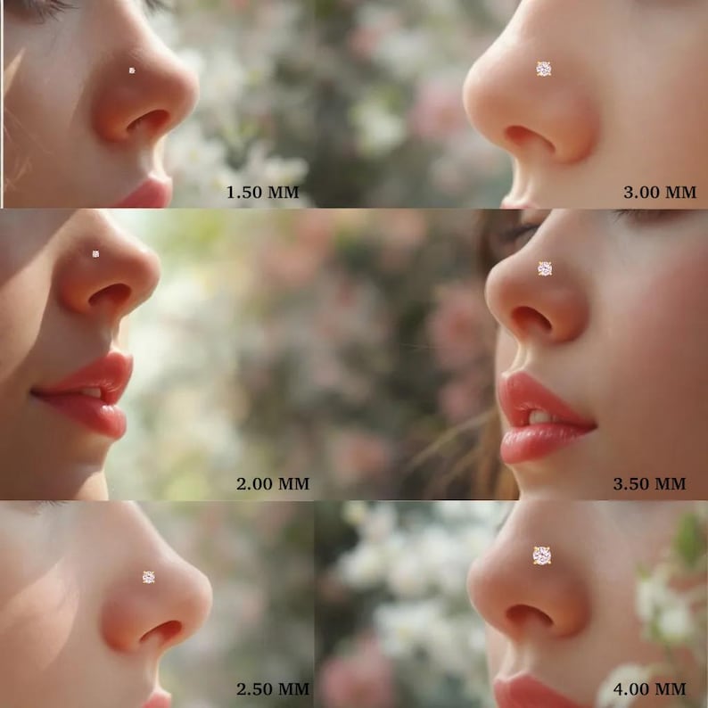 May include: Close-up of a person's face with a nose piercing. The image shows nose studs in various sizes: 1.50 mm, 2.00 mm, 2.50 mm, 3.00 mm, 3.50 mm, and 4.00 mm. The background is blurred with soft colors.