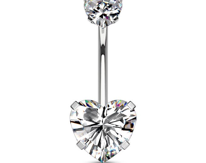316L Surgical Steel Prong Set CZ Internal Thread Top Double Heart Belly Button Navel Rings