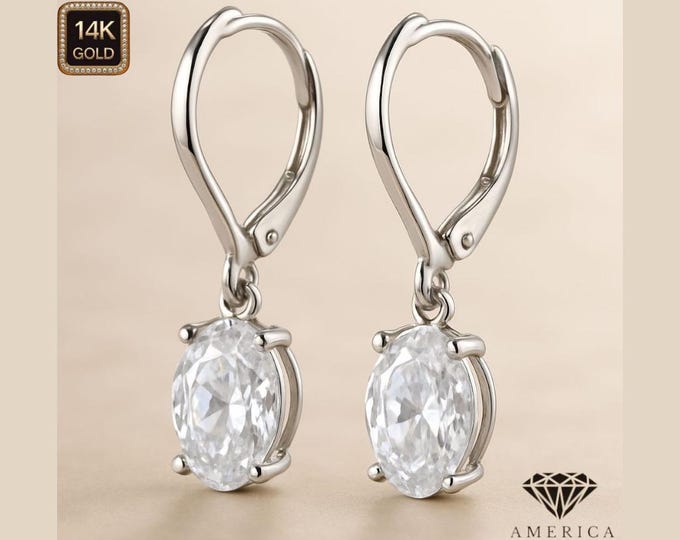 Moissanite Diamond  14K Solid Gold Lever Backing Earrings In OVAL Cut sold in 1 pair.
