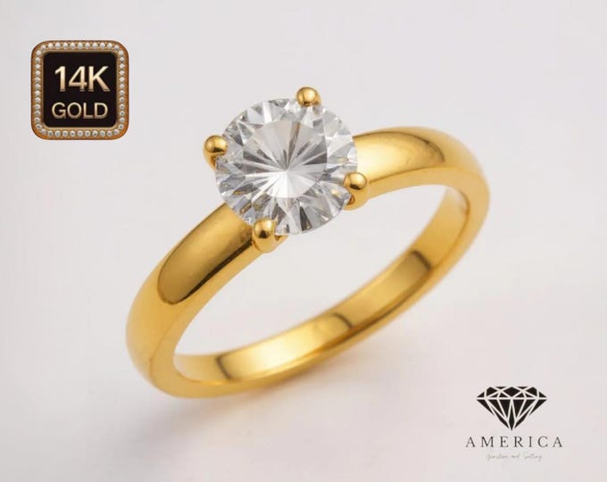LAB GROWN DIAMOND 14K Solid Gold Engagement Ring 1 carat round with 4 Prong 2.50 gram Real Gold.