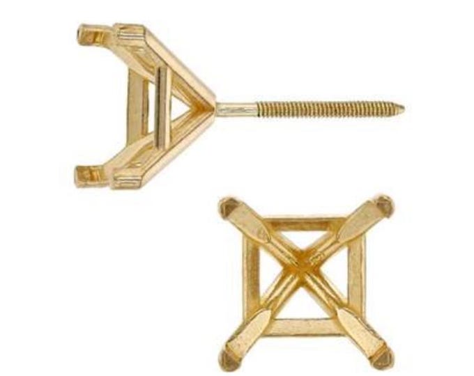 14K Real Solid Gold Princess Metal Mold 4 Prong Double Wire Tapered Square Screw Backing Earring With 20GA Friction Post sold 1 piece.