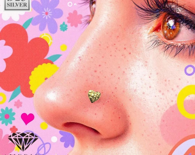 Nugget 925 Sterling Silver L shaped Nose Stud 20 GA, Large heart nose stud and round shape.