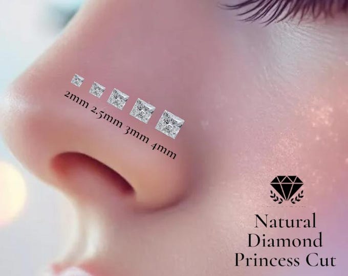 Natural Diamond VS1 14K Yellow Gold Nose Stud Princess cut ,20 GA Piercing , Real Gold 14K , 20 GAUGE 6mm post length.