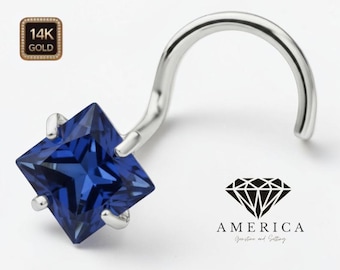 Natural Blue Sapphire Princess Cut  14K Yellow Gold Nose Stud 20 GA Piercing , Real Gold 14K ,  20 GAUGE sold 1 piece Natural Blue Sapphire