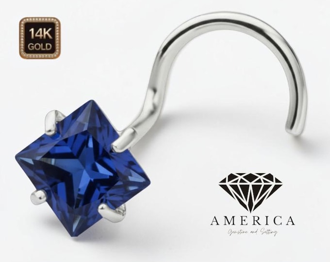 Natural Blue Sapphire Princess Cut  14K Yellow Gold Nose Stud 20 GA Piercing , Real Gold 14K ,  20 GAUGE sold 1 piece Natural Blue Sapphire