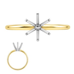 May include: A two-tone ring setting featuring a smooth, polished yellow gold band and a six-prong silver-colored head designed to hold a single gemstone. The design is shown from both a top-down perspective and a side profile view.