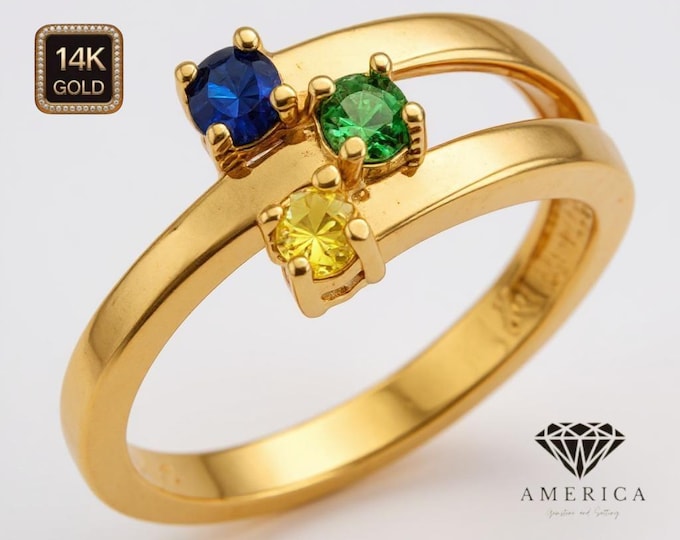 14K Gold 3 Natural Gemstones Birthstone Mother Gift 2.00MM Band with 3MM gemstones.