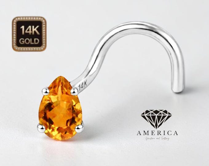 Natural Citrine 3x5mm Pear Shape 14K Gold Nose Stud  18 GA 20 GA 22 GA  Piercing , Real Gold 14K , sold 1 piece