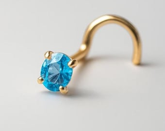 Natural Swiss Blue Oval  Shape 14K Gold Nose Piercing , Real Gold 14K ,  Nose Ring nugget 20 GAUGE , Real Gold Piercing sold 1 piece.