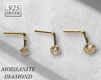 Moissanite Diamond 925 Sterling Silver L shaped Nose Stud 20 GA, 2mm 2.50mm 3.00mm