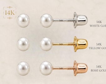 14K Solid Real Gold White Pearl Push Back Earrings  Available in Size 4 mm - 10 mm.