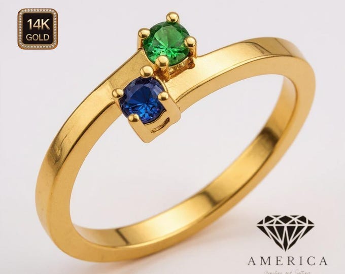 14K Gold 2 Natural Birthstone  Gemstone 3.00 MM each 2.00 MM Band Perfect for gifting.