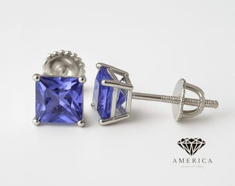 Tanzanite CZ with 925 Sterling Silver Square Shape Screw Backing Earrings sold 1 pair.