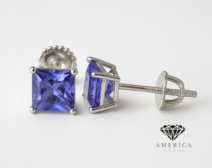 Tanzanite CZ with 925 Sterling Silver Square Shape Screw Backing Earrings sold 1 pair.