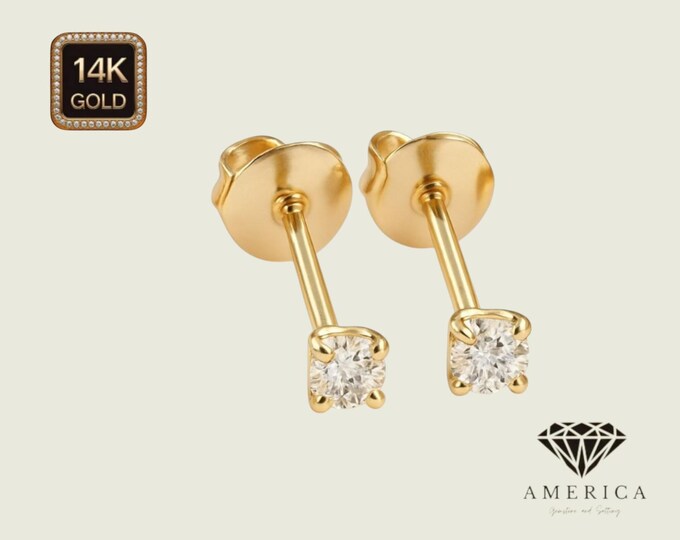 Moissanite 14K Real Gold Earrings Thin Basket earrings stud Real 14K Gold sold 1 Pair Push backing.