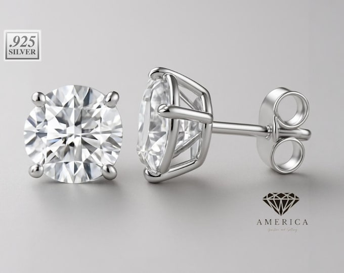 Moissanite or CZ  Stud Earrings Push Back .925 Sterling Silver Earrings 3MM-10MM