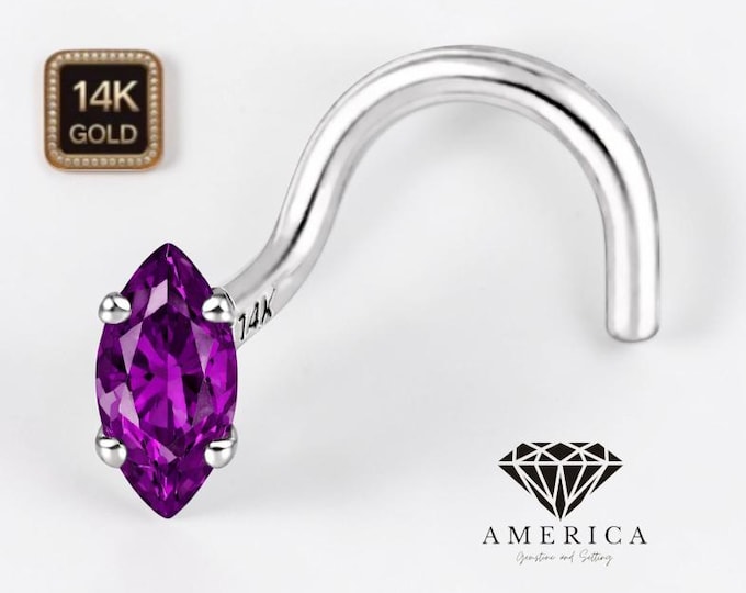 Natural Amethyst Marquise 2.5x5 mm 14K Solid Gold Nose Stud 20 GA Piercing , Real Gold 14K ,  20 GAUGE sold 1 piece Ruby