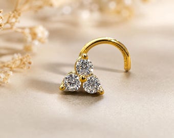 14K Solid gold with 3 gemstones triangle, nice quality nose ring, 20 Gauge, select all gemstone available.
