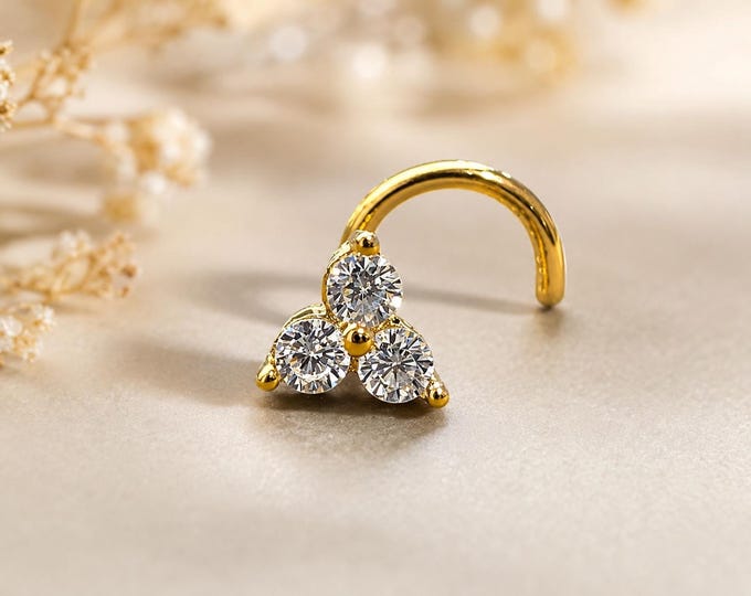 14K Solid gold with 3 gemstones triangle, nice quality nose ring, 20 Gauge, select all gemstone available.