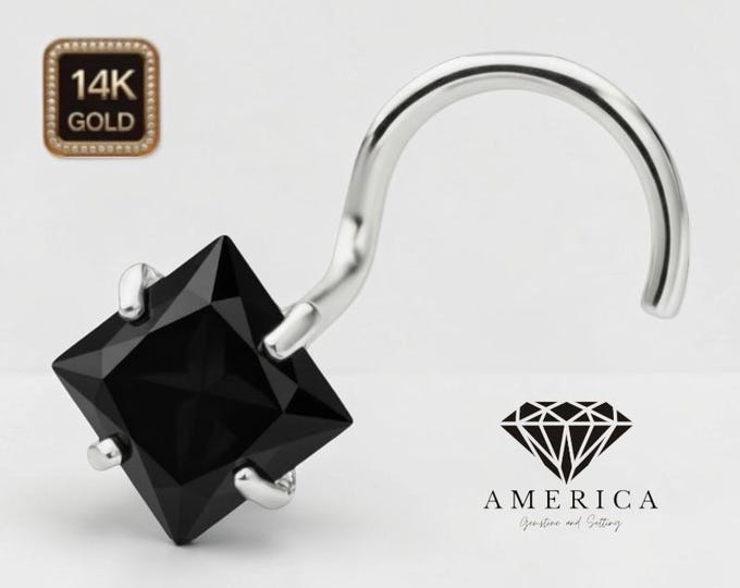 Black Moissanite Diamond Princess Cut  14K Yellow Gold Nose Stud 20 GA Piercing , Real Gold 14K ,  20 GAUGE sold 1 piece Black Moissanite