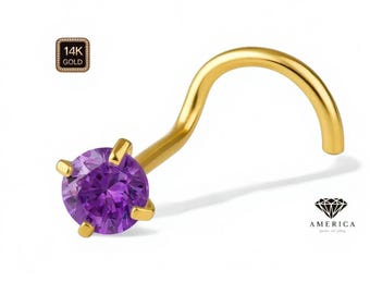 Natural Amethyst 14K Solid Gold Nose Stud 20 GA Piercing , Real Gold 14K , 20 GAUGE 6mm post length, Natural Amethyst .