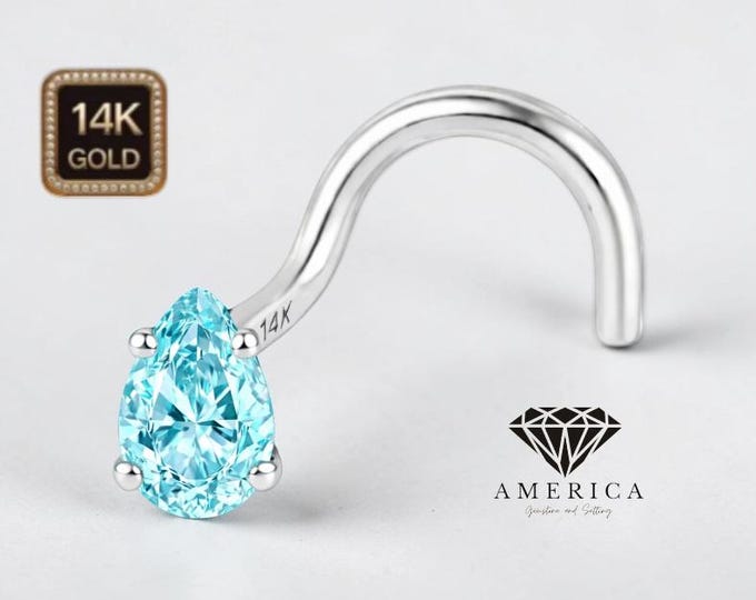 Natural Aquamarine Pear Shape 14K Gold Nose Stud  18 GA 20 GA 22 GA  Piercing , Real Gold 14K , sold 1 piece