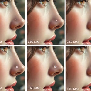 May include: A series of six images showcasing a nose with a stud earring. The sizes range from 1.50 mm to 4.00 mm. Each image has the size of the stud in millimeters displayed below the nose.