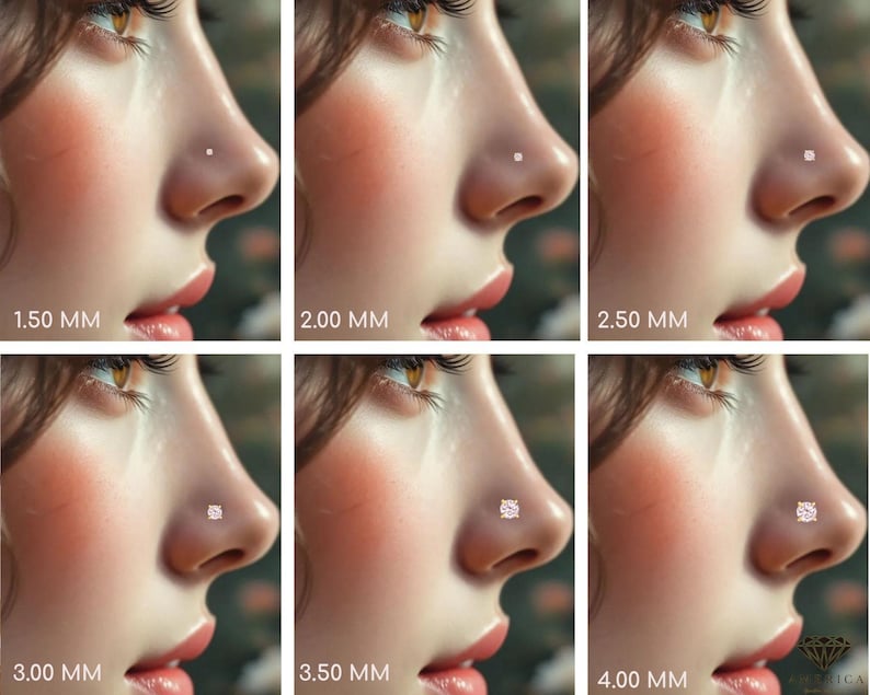 May include: A series of six images showcasing a nose with a stud earring. The sizes range from 1.50 mm to 4.00 mm. Each image has the size of the stud in millimeters displayed below the nose.