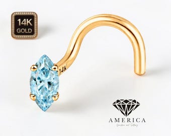Natural Blue Topaz Marquise 2.5x5 mm 14K Solid Gold Nose Stud 20 GA Piercing , Real Gold 14K ,  20 GAUGE sold 1 piece Blue Topaz
