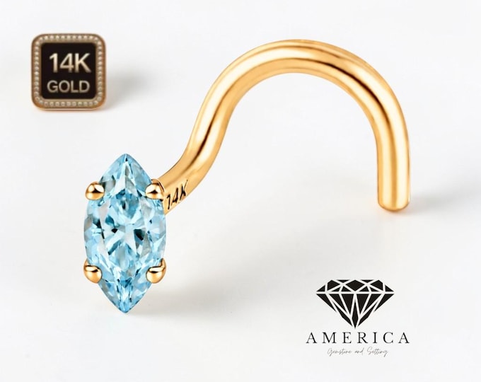 Natural Blue Topaz Marquise 2.5x5 mm 14K Solid Gold Nose Stud 20 GA Piercing , Real Gold 14K ,  20 GAUGE sold 1 piece Blue Topaz