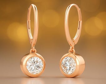 LAB GROWN DIAMOND VS1 14K Solid Gold Lever Backing Earrings In Round Bezel Cut sold in 1 pair.
