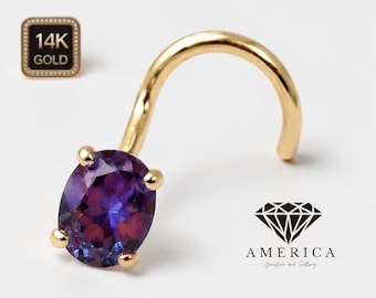 Lab Alexandrite 3x4mm Oval  Shape 14K Gold Nose Stud  18 GA 20 GA 22 GA  Piercing , Real Gold 14K , sold 1 piece